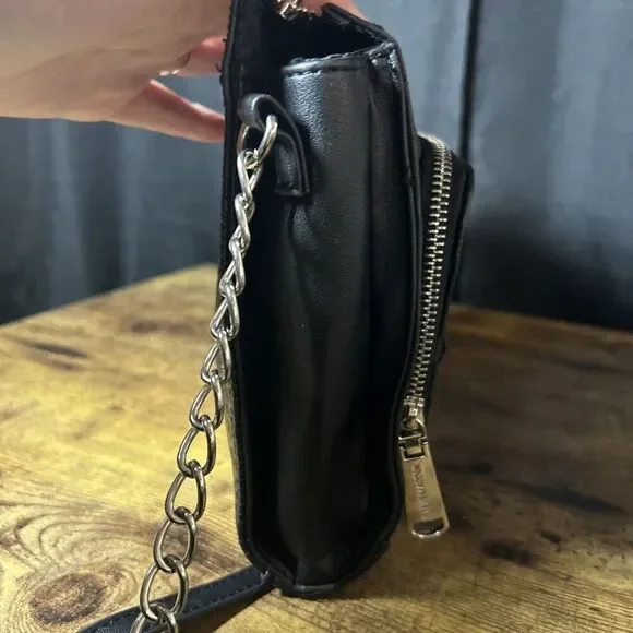 Steve Madden Black Faux Leather Crossbody Bag Purse Handbag Pocketbook W/Chain - Picture 5 of 14